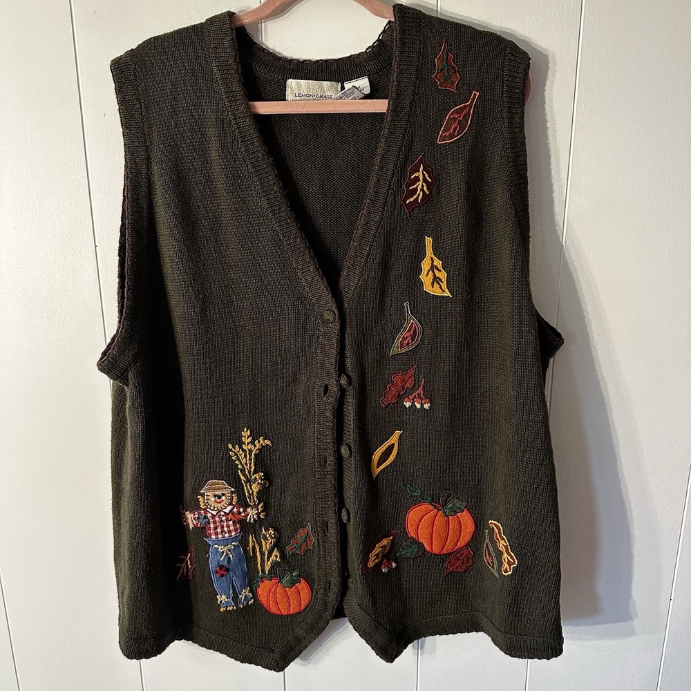 Lemon Grass Women's Olive Green Sweater Best Fall/Autumn Embroidered Size 2X